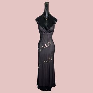Vintage Peep Black Floral-Embroidered Slip mesh Maxi Dress